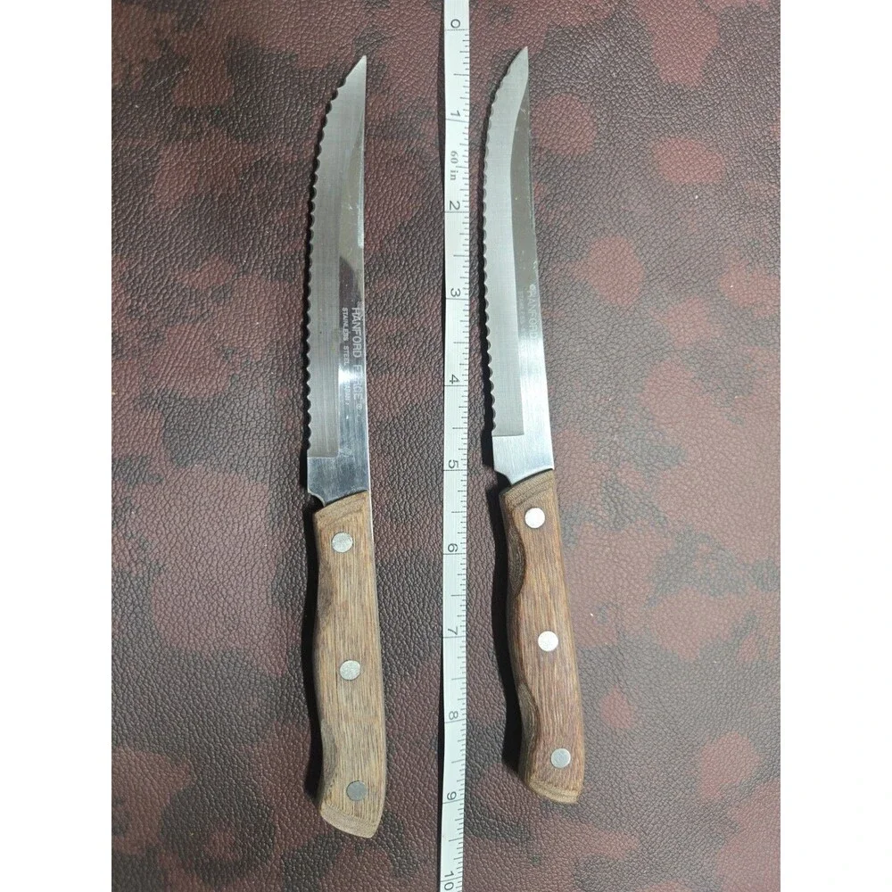 Set of 2 Hanford Forge Wood Handle Serated Edge Knives Stainless JAPAN